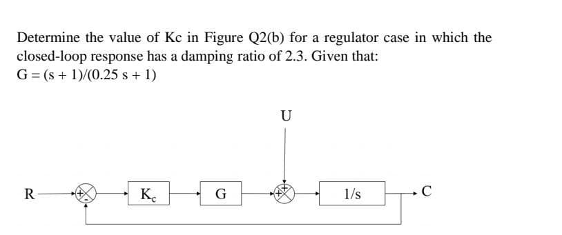 Determine the value of Kc in Figure Q2(b) for a regulator case in which the
closed-loop response has a damping ratio of 2.3. Given that:
G=(s + 1)/(0.25 s + 1)
R
Ke
G
U
1/s
C