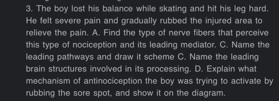 3. The boy lost his balance while skating and hit his leg hard.
He felt severe pain and gradually rubbed the injured area to
relieve the pain. A. Find the type of nerve fibers that perceive
this type of nociception and its leading mediator. C. Name the
leading pathways and draw it scheme C. Name the leading
brain structures involved in its processing. D. Explain what
mechanism of antinociception the boy was trying to activate by
rubbing the sore spot, and show it on the diagram.