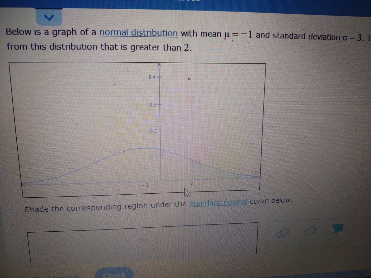 Below is a graph of a normal distribution with mean u =-1 and standard deviation o =3. T
from this distribution that is greater than 2.
0.4
0.3
0.2
011
Shade the corresponding region under the standard normal curve below.
