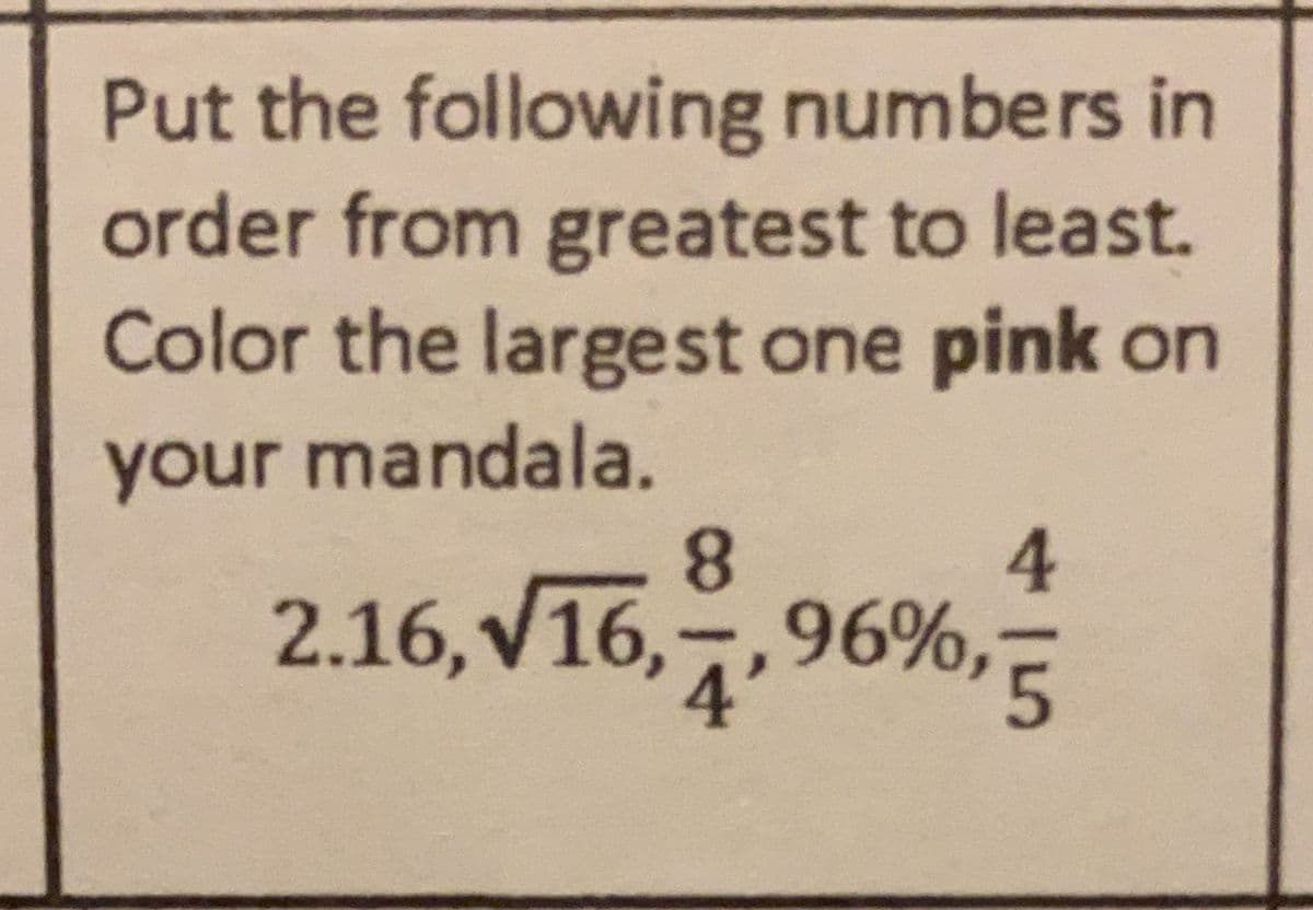 Put the following numbers in
order from greatest to least.
Color the largest one pink on
your mandala.
2.16,V16,-,96%,E
