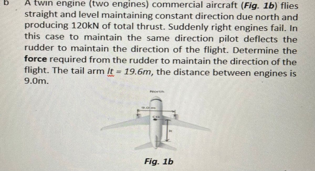 b.
A twin engine (two engines) commercial aircraft (Fig. 1b) flies
straight and level maintaining constant direction due north and
producing 120KN of total thrust. Suddenly right engines fail. In
this case to maintain the same direction pilot deflects the
rudder to maintain the direction of the flight. Determine the
force required from the rudder to maintain the direction of the
flight. The tail arm It = 19.6m, the distance between engines is
9.0m.
Fig. 1b
