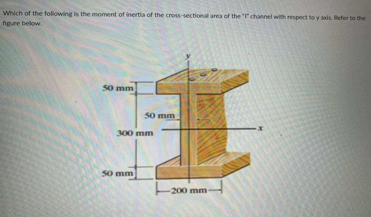 Which of the following is the moment of inertia of the cross-sectional area of the "I" channel with respect to y axis. Refer to the
figure below.
50
50 mm
300 mm
50 mm
200mm
