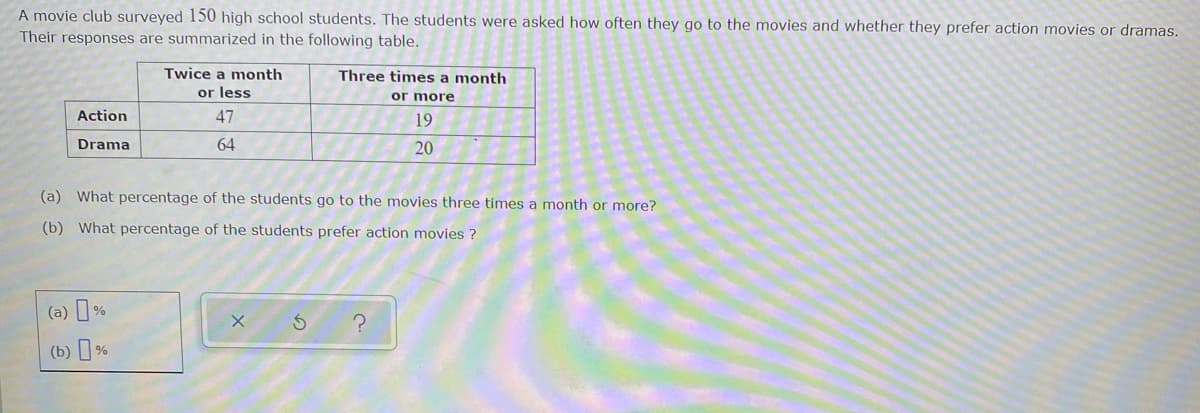 A movie club surveyed 150 high school students. The students were asked how often they go to the movies and whether they prefer action movies or dramas.
Their responses are summarized in the following table.
Three times a month
Twice a month
or less
or more
Action
47
19
Drama
64
20
(a) What percentage of the students go to the movies three times a month or more?
(b) What percentage of the students prefer action movies?
S
?
(b) %