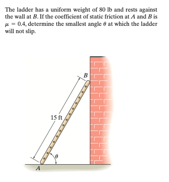 The ladder has a uniform weight of 80 lb and rests against
the wall at B. If the coefficient of static friction at A and B is
μ = 0.4, determine the smallest angle at which the ladder
will not slip.
A
O
15 ft/
0
o
B