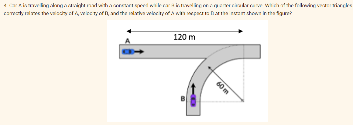 4. Car A is travelling along a straight road with a constant speed while car B is travelling on a quarter circular curve. Which of the following vector triangles
correctly relates the velocity of A, velocity of B, and the relative velocity of A with respect to B at the instant shown in the figure?
120 m
60 m