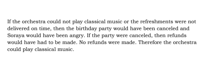 If the orchestra could not play classical music or the refreshments were not
delivered on time, then the birthday party would have been canceled and
Soraya would have been angry. If the party were canceled, then refunds
would have had to be made. No refunds were made. Therefore the orchestra
could play classical music.

