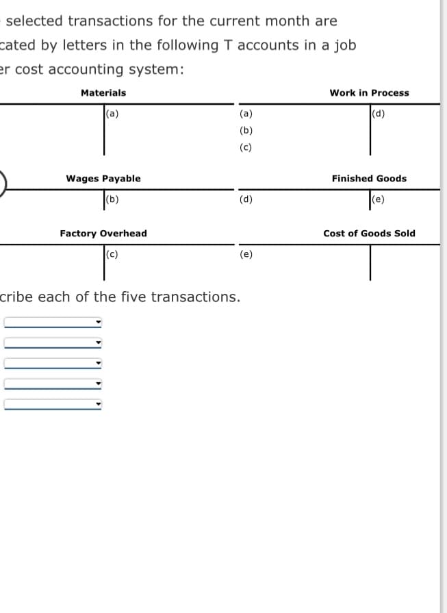 selected transactions for the current month are
cated by letters in the following T accounts in a job
er cost accounting system:
Materials
(a)
Wages Payable
(b)
Factory Overhead
(C)
(a)
(b)
(c)
(d)
(e)
cribe each of the five transactions.
Work in Process
(d)
Finished Goods
(e)
Cost of Goods Sold