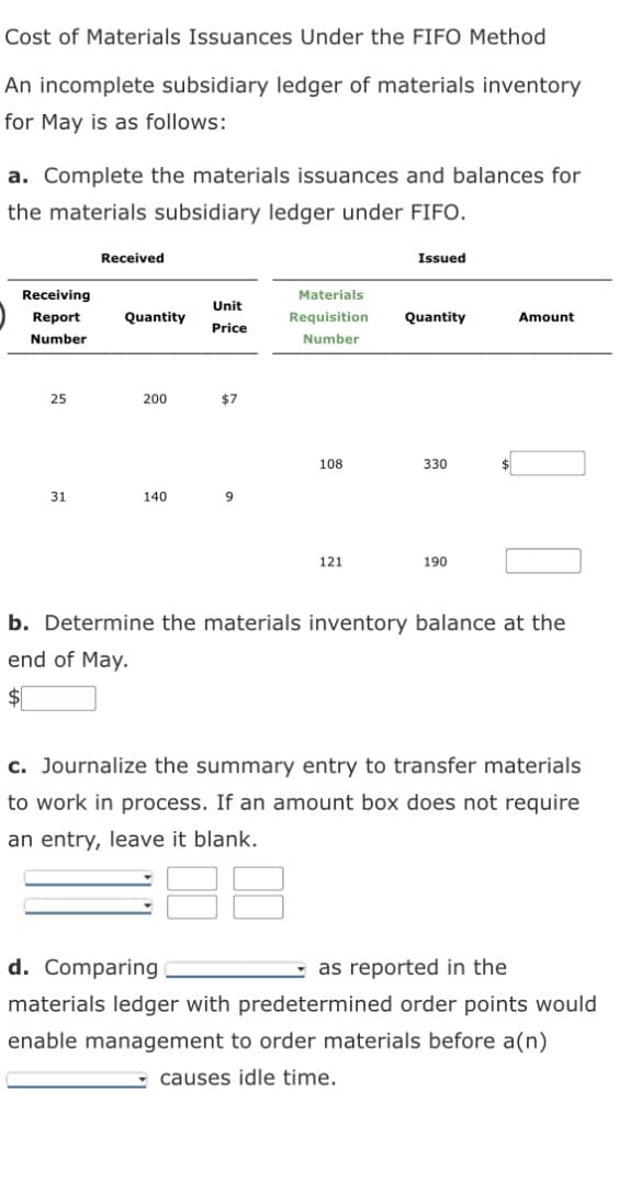 Cost of Materials Issuances Under the FIFO Method
An incomplete subsidiary ledger of materials inventory
for May is as follows:
a. Complete the materials issuances and balances for
the materials subsidiary ledger under FIFO.
Receiving
Report
Number
25
31
Received
Quantity
200
140
Unit
Price
$7
9
Materials
Requisition
Number
108
121
Issued
Quantity
330
190
Amount
b. Determine the materials inventory balance at the
end of May.
$
c. Journalize the summary entry to transfer materials
to work in process. If an amount box does not require
an entry, leave it blank.
d. Comparing
as reported in the
materials ledger with predetermined order points would
enable management to order materials before a(n)
causes idle time.