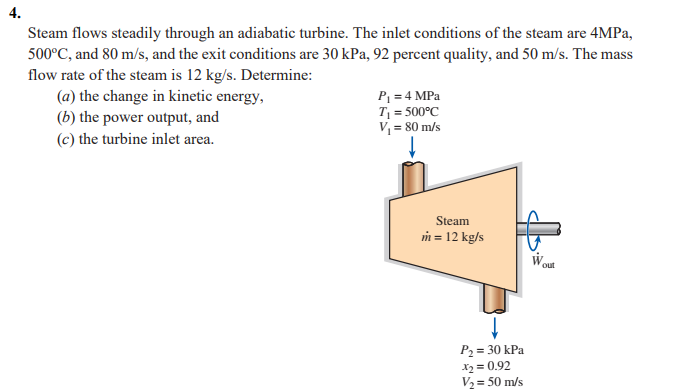 4.
Steam flows steadily through an adiabatic turbine. The inlet conditions of the steam are 4MPa,
500°C, and 80 m/s, and the exit conditions are 30 kPa, 92 percent quality, and 50 m/s. The mass
flow rate of the steam is 12 kg/s. Determine:
(a) the change in kinetic energy,
(b)
the power output, and
P₁ = 4 MPa
T₁ = 500°C
V₁ = 80 m/s
(c) the turbine inlet area.
Steam
m = 12 kg/s
+
P₂ = 30 kPa
x₂ = 0.92
V₂ = 50 m/s
W
out