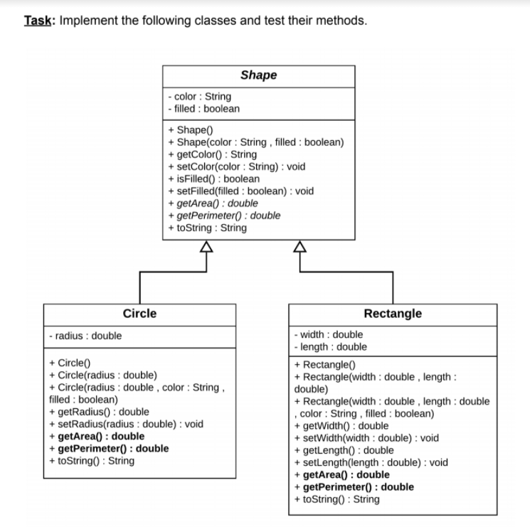 Task: Implement the following classes and test their methods.
Shape
- color : String
- filled : boolean
+ Shape()
+ Shape(color : String , filled : boolean)
+ getColor() : String
+ setColor(color : String) : void
+ isFilled() : boolean
+ setFilled(filled : boolean) : void
+ getArea() : double
+ getPerimeter() : double
+ toString : String
Circle
Rectangle
- radius : double
+ Circle()
+ Circle(radius : double)
+ Circle(radius : double , color : String,
filled : boolean)
+ getRadius() : double
+ setRadius(radius : double) : void
+ getArea() : double
+ getPerimeter() : double
+ toString() : String
- width : double
- length : double
+ Rectangle()
+ Rectangle(width : double , length :
double)
+ Rectangle(width : double , length : double
, color : String , filled : boolean)
+ getWidth() : double
+ setWidth(width : double) : void
+ getLength() : double
+ setLength(length : double) : void
+ getArea() : double
+ getPerimeter( : double
+ toString() : String
