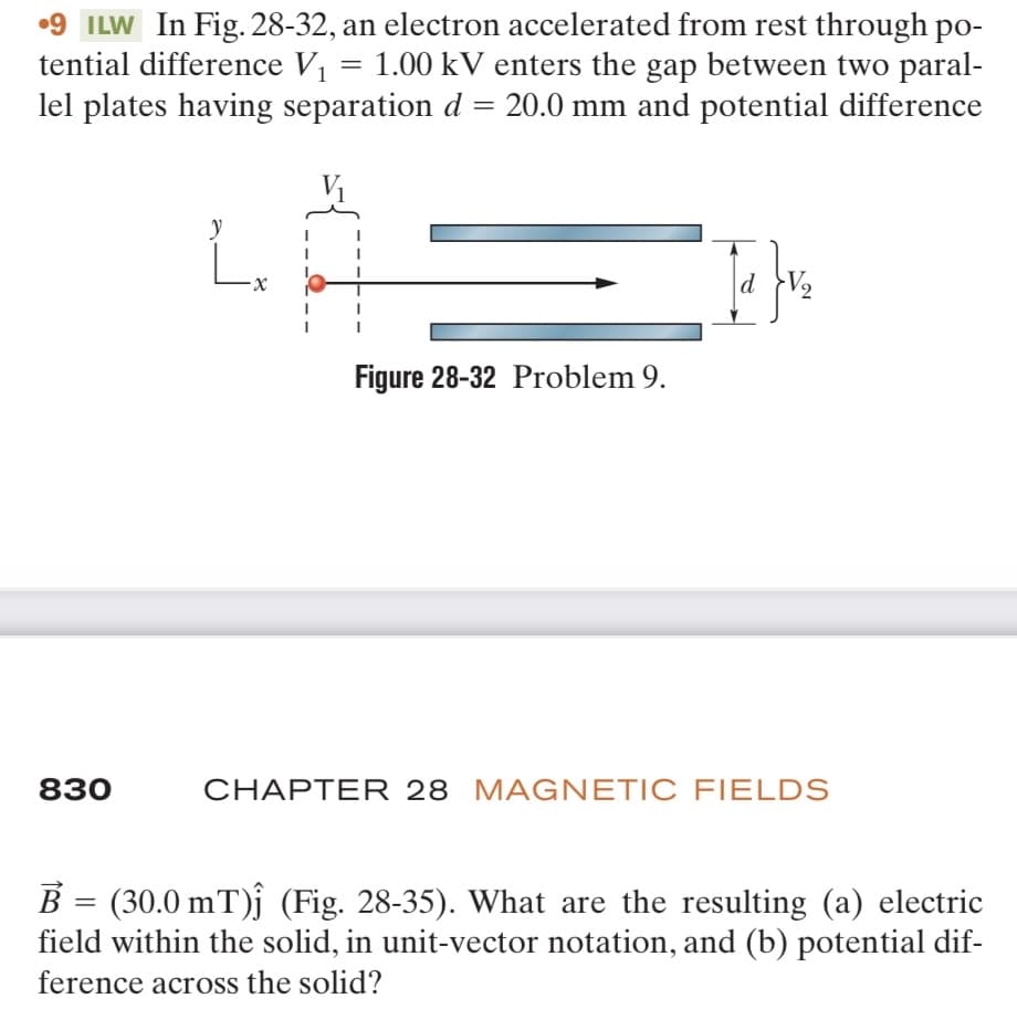 •9 ILW In Fig. 28-32, an electron accelerated from rest through po-
1.00 kV enters the gap between two paral-
lel plates having separation d = 20.0 mm and potential difference
tential difference V₁
830
y
Lx
=
Figure 28-32 Problem 9.
d
afv₂
CHAPTER 28 MAGNETIC FIELDS
B = (30.0 mT)Ĵ (Fig. 28-35). What are the resulting (a) electric
field within the solid, in unit-vector notation, and (b) potential dif-
ference across the solid?