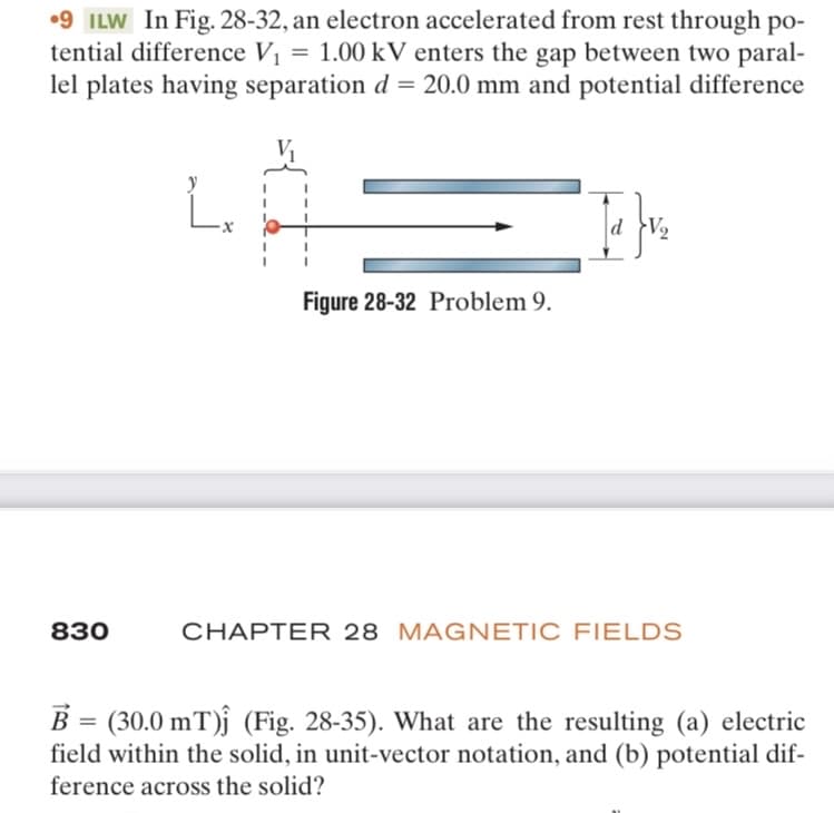 •9 ILW In Fig. 28-32, an electron accelerated from rest through po-
tential difference V₁ = 1.00 kV enters the gap between two paral-
lel plates having separation d = 20.0 mm and potential difference
830
Figure 28-32 Problem 9.
Talve
d V₂
CHAPTER 28 MAGNETIC FIELDS
B = (30.0 mT) (Fig. 28-35). What are the resulting (a) electric
field within the solid, in unit-vector notation, and (b) potential dif-
ference across the solid?