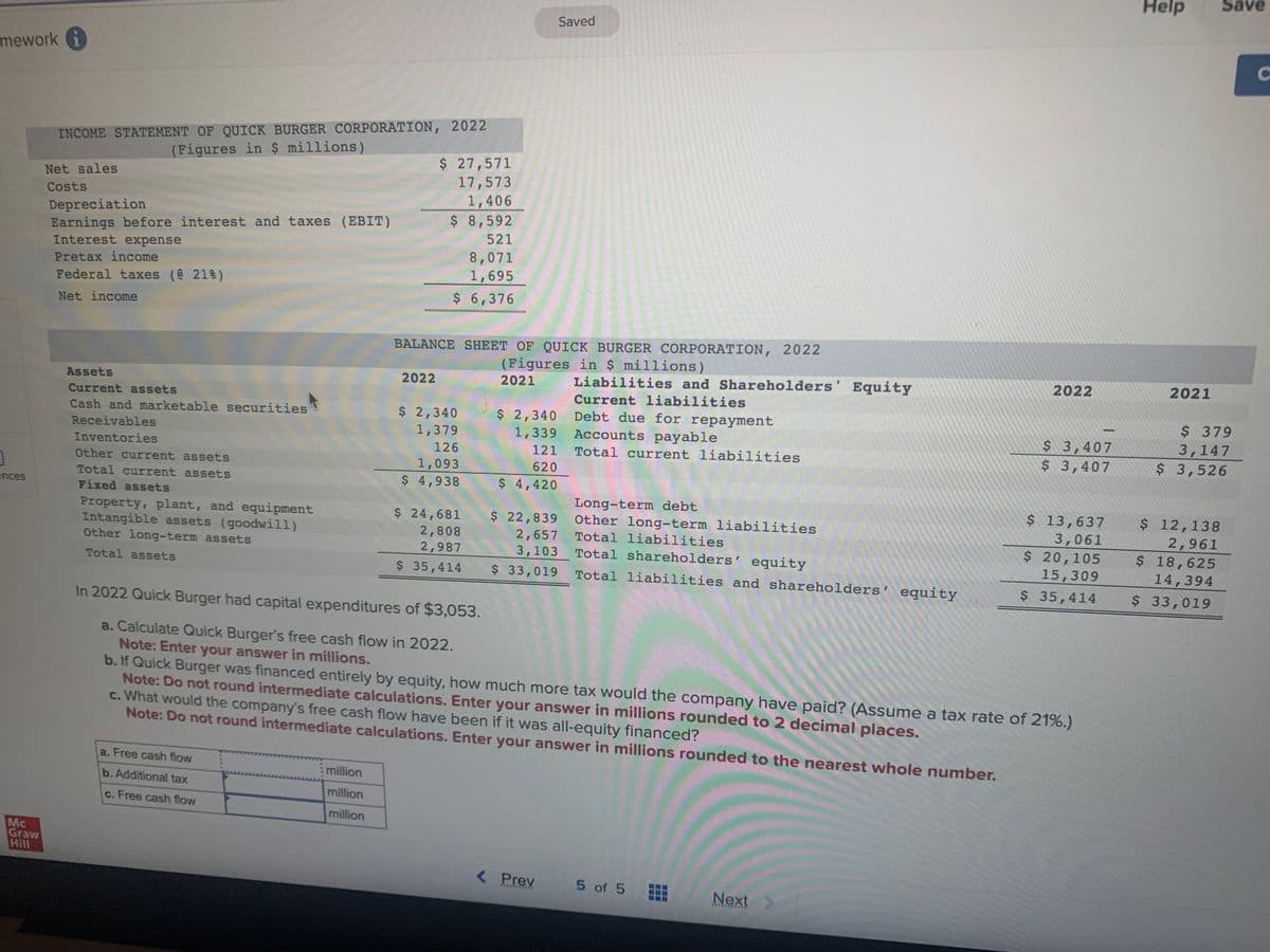 mework i
0
ences
Mc
Graw
Hill
INCOME STATEMENT OF QUICK BURGER CORPORATION, 2022
(Figures in $ millions)
Net sales
Costs
Depreciation
Earnings before interest and taxes (EBIT)
Interest expense
Pretax income
Federal taxes (@ 21%)
Net income
Assets
Current assets
Cash and marketable securities
Receivables
Inventories
Other current assets
Total current assets
Fixed assets
Property, plant, and equipment
Intangible assets (goodwill)
Other long-term assets
Total assets
a. Free cash flow
b. Additional tax
c. Free cash flow
million
million
million
$ 27,571
17,573
1,406
$ 8,592
521
2022
8,071
1,695
$ 6,376
BALANCE SHEET OF QUICK BURGER CORPORATION, 2022
(Figures in $ millions)
2021
$ 2,340
1,379
126
1,093
$ 4,938
$ 24,681
2,808
2,987
$ 35,414
$ 2,340
1,339
121
620
$ 4,420
Saved
$ 22,839
2,657
3,103
Liabilities and Shareholders' Equity
Current liabilities
Debt due for repayment
Long-term debt
Other long-term liabilities
Total liabilities
Total shareholders' equity
$ 33,019 Total liabilities and shareholders' equity
< Prev
***********
Accounts payable
Total current liabilities
In 2022 Quick Burger had capital expenditures of $3,053.
a. Calculate Quick Burger's free cash flow in 2022.
Note: Enter your answer in millions.
b. If Quick Burger was financed entirely by equity, how much more tax would the company have paid? (Assume a tax rate of 21%.)
Note: Do not round intermediate calculations. Enter your answer in millions rounded to 2 decimal places.
c. What would the company's free cash flow have been if it was all-equity financed?
Note: Do not round intermediate calculations. Enter your answer in millions rounded to the nearest whole number.
5 of 5
2022
Next
SHARROAK
$ 3,407
$ 3,407
-
$ 13,637
3,061
$ 20,105
15,309
$ 35,414
Help
2021
Save
$ 379
3,147
$ 3,526
$ 12,138
2,961
$ 18,625
14,394
$ 33,019
C