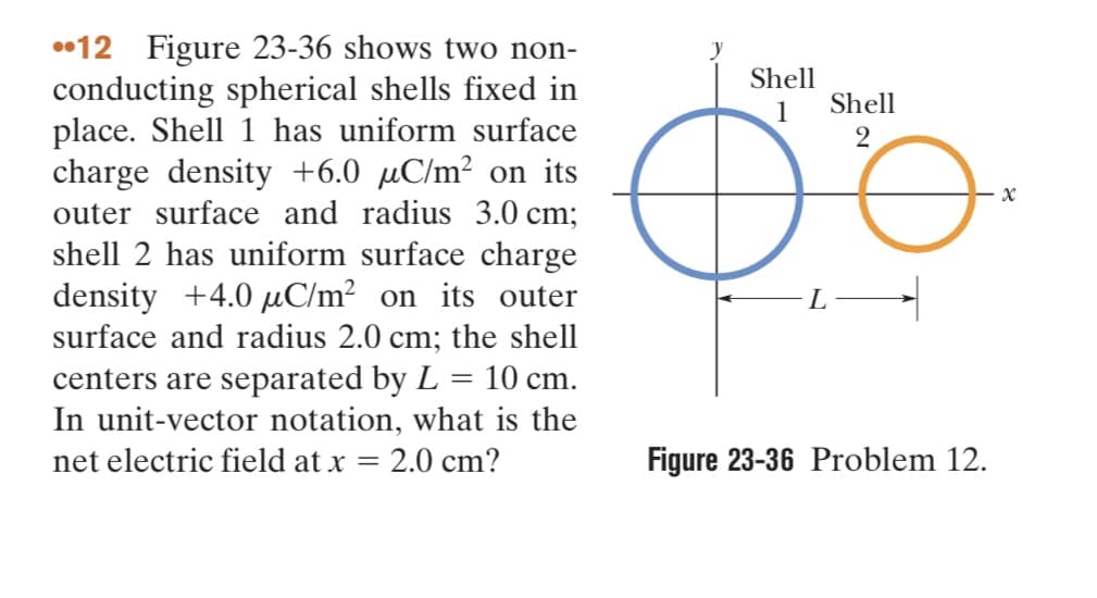12 Figure 23-36 shows two non-
conducting spherical shells fixed in
place. Shell 1 has uniform surface
charge density +6.0 µC/m² on its
outer surface and radius 3.0 cm;
shell 2 has uniform surface charge
density +4.0 μC/m² on its outer
surface and radius 2.0 cm; the shell
centers are separated by L = 10 cm.
In unit-vector notation, what is the
net electric field at x = = 2.0 cm?
Shell
1
Shell
2
Figure 23-36 Problem 12.
x