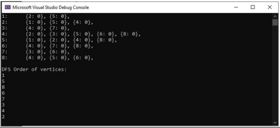 A Microsoft Visual Studio Debug Console
{2: 0}, {5: ®},
(1: ej, (5: ej, {4: 0},
{4: 0}, {7: e},
{2: 0}, {3: 0}, {5: 0}, {6: e}, {8: 0},
{1: 0}, {2: e}, {4: 0}, {8: 0},
{4: e}, {7: e}, {8: e},
{3: 0}, {6: 0},
{4: 0}, {5: 0}, {6: 0},
6:
7:
8:
DFS Order of vertices:
1
5
%3A2
