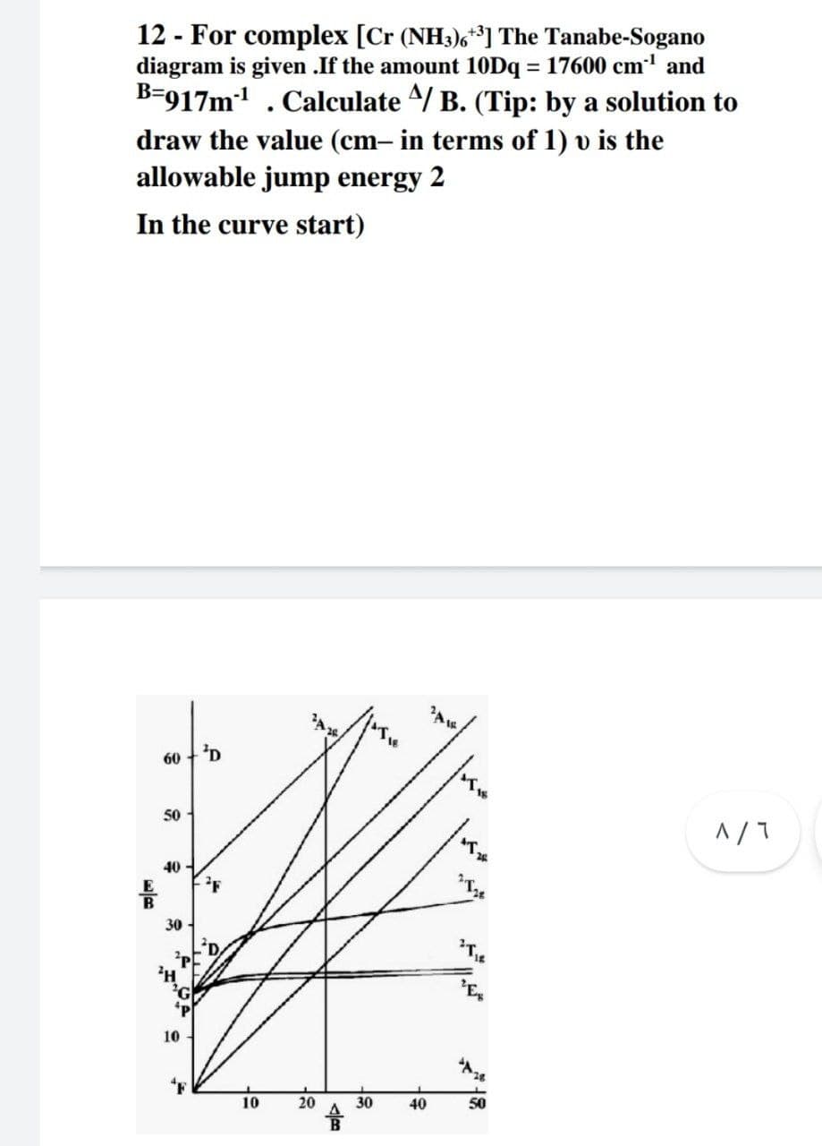 12 - For complex [Cr (NH3)6**] The Tanabe-Sogano
diagram is given .If the amount 10Dq = 17600 cm' and
B=917m . Calculate 4/ B. (Tip: by a solution to
draw the value (cm- in terms of 1) v is the
allowable jump energy 2
In the curve start)
60
50
ベ
40
30
10
10
20
30
40
50
