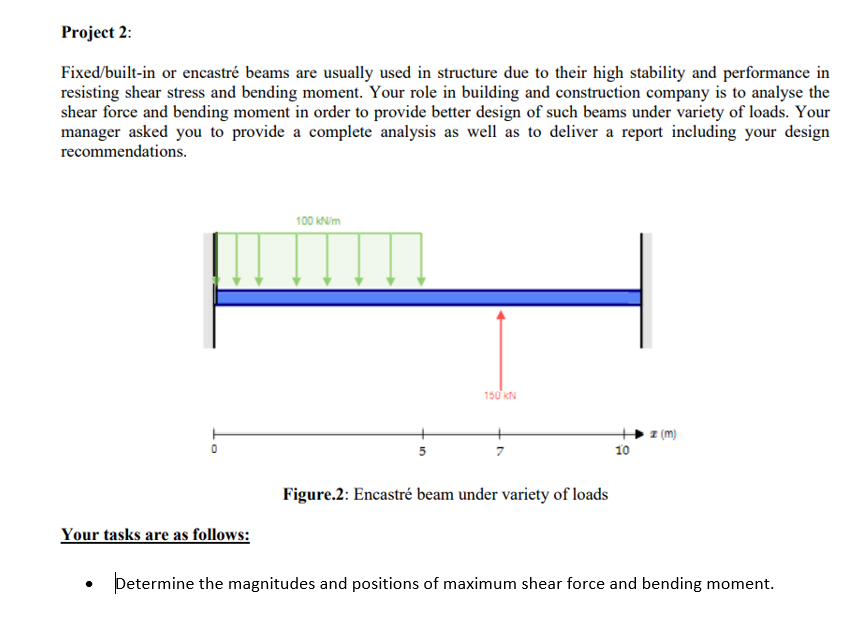 Project 2:
Fixed/built-in or encastré beams are usually used in structure due to their high stability and performance in
resisting shear stress and bending moment. Your role in building and construction company is to analyse the
shear force and bending moment in order to provide better design of such beams under variety of loads. Your
manager asked you to provide a complete analysis as well as to deliver a report including your design
recommendations.
100 KNim
150 kN
z (M)
10
Figure.2: Encastré beam under variety of loads
Your tasks are as follows:
• Þetermine the magnitudes and positions of maximum shear force and bending moment.
