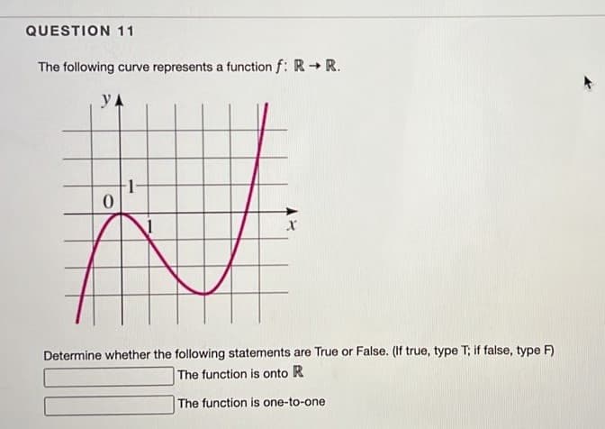 QUESTION 11
The following curve represents a function f: R-R.
y.
1-
Determine whether the following statements are True or False. (If true, type T; if false, type F)
The function is onto R
The function is one-to-one

