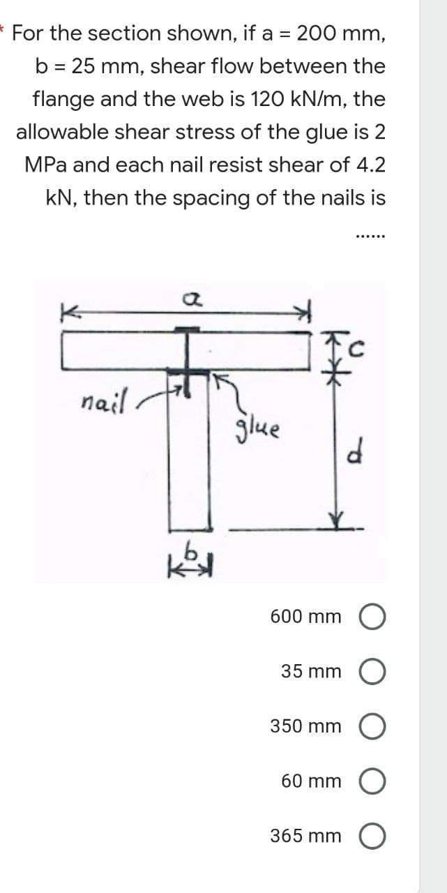 For the section shown, if a = 200 mm,
b = 25 mm, shear flow between the
flange and the web is 120 kN/m, the
allowable shear stress of the glue is 2
MPa and each nail resist shear of 4.2
kN, then the spacing of the nails is
I
K
nail
key
glue
d
600 mm O
35 mm
350 mm
60 mm
365 mm O