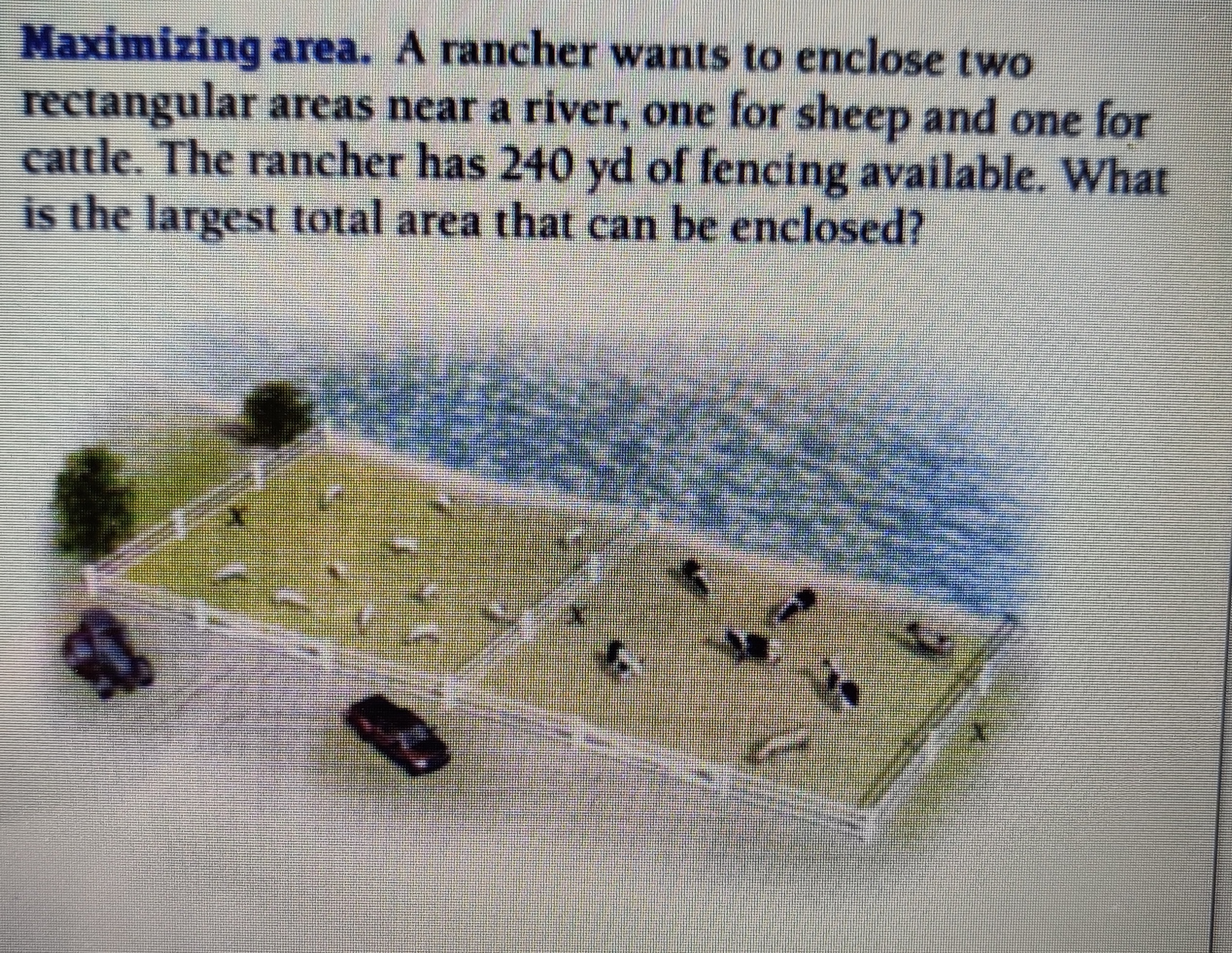 Maximizing area. A rancher wants to enclose two
rectangular areas near a river, one for sheep and one for
cattle. The rancher has 240 yd of fencing available. What
is the largest total area that can be enclosed?
