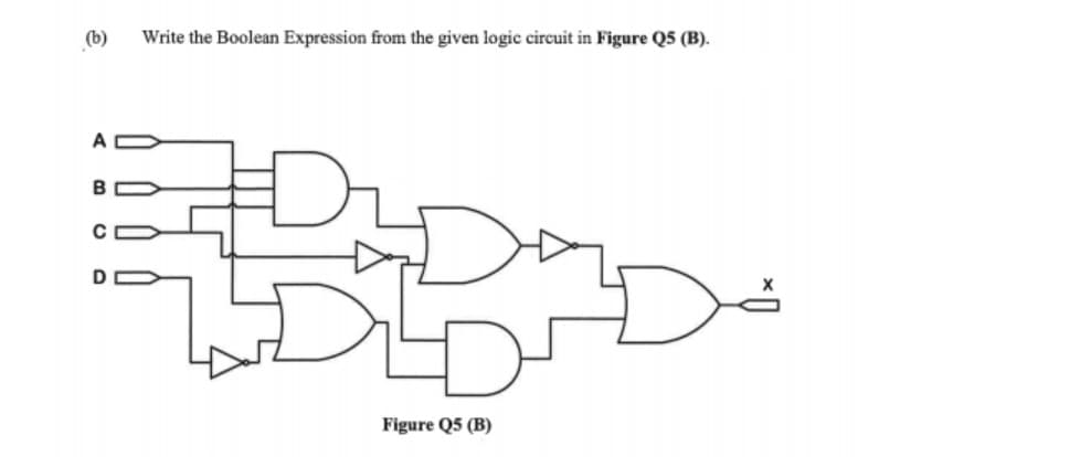 (b)
Write the Boolean Expression from the given logic circuit in Figure Q5 (B).
A C
BO
D
Figure Q5 (B)
