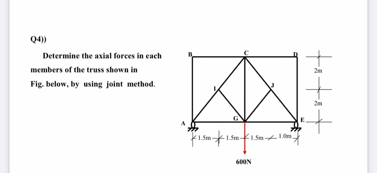 Q4))
Determine the axial forces in each
B
members of the truss shown in
2m
Fig. below, by using joint method.
2m
G
E
A
1.5m
1.5m 1.5m 41.0m,
600N
