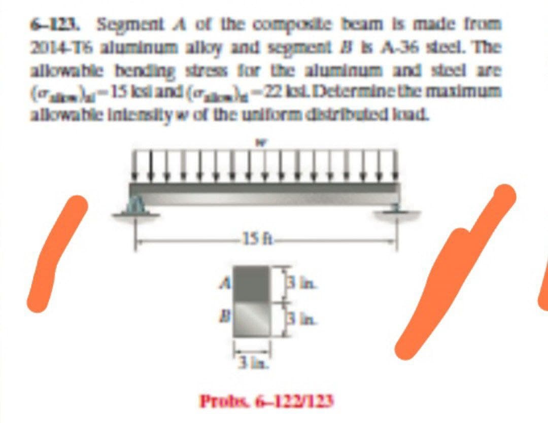 6-121. Segment A of the composite beam is made from
2014-T6 aluminum aloy and segment Bs A36 sdoel. The
allowable bending stress for the aluminum and steel are
(o)¬15 ksl and ( l-22k.Determine the maximum
allowahle Intensity w of the uniform distributed kud.
15h-
Probs. 6-122123
