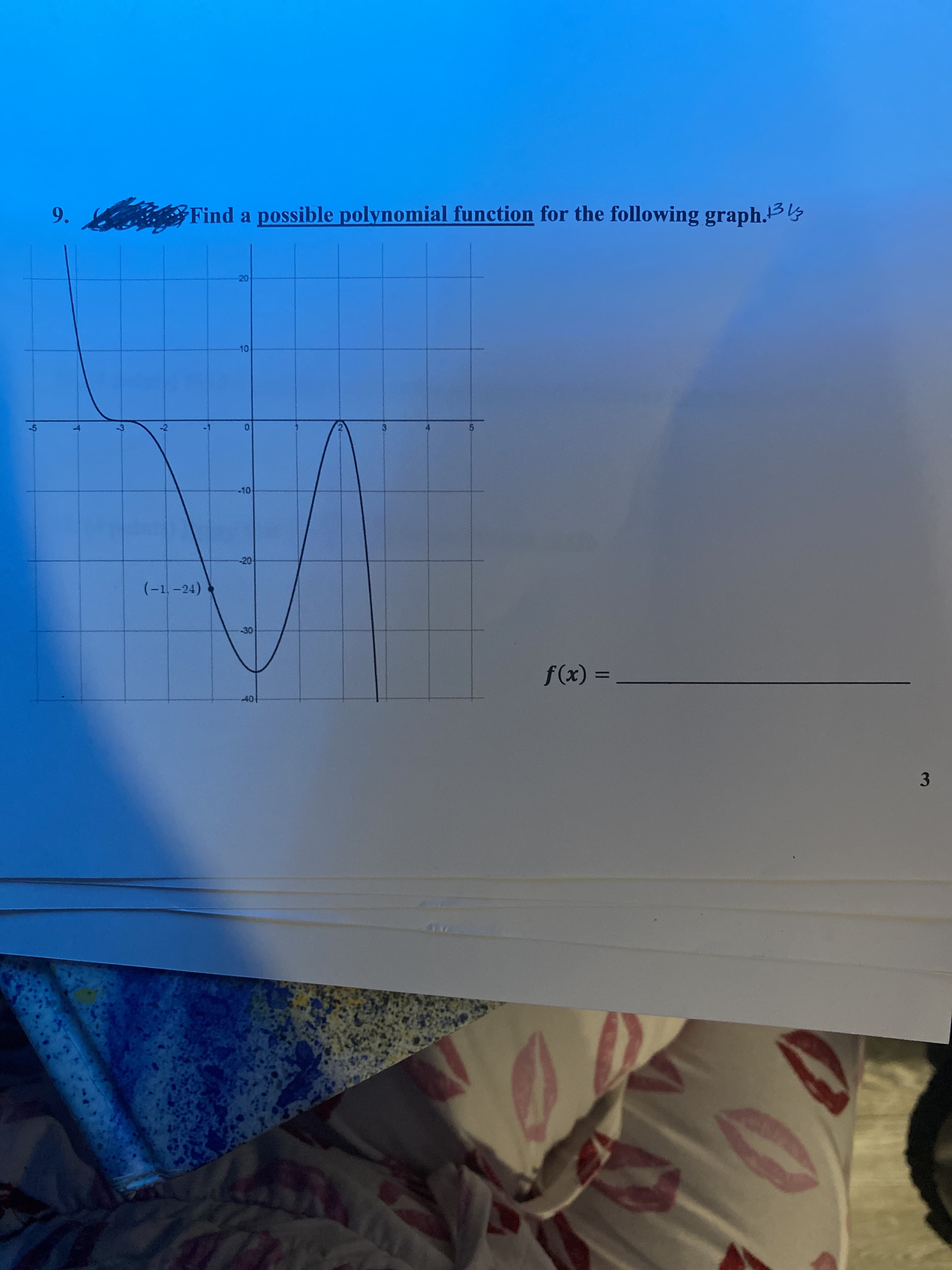 9.
Find a possible polynomial function for the following graph.B
20.
-10
(-1,-24)
-30
%3D
= (x).
3.
