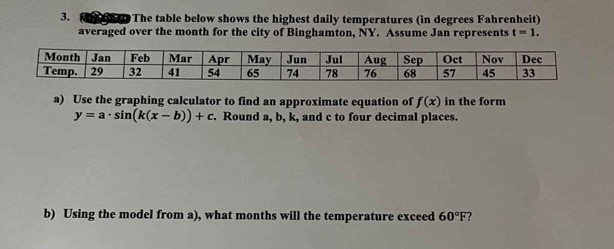 3.
The table below shows the highest daily temperatures (in degrees Fahrenheit)
averaged over the month for the city of Binghamton, NY. Assume Jan represents t = 1.
Month Jan
Feb
Mar
Apr May
Мay
Jun
Jul
Aug Sep
Oct
Nov
Dec
Тemp. | 29
32
41
54
65
74
78
76
68
57
45
33
a) Use the graphing calculator to find an approximate equation of f (x) in the form
y = a sin(k(x - b)) + c. Round a, b, k, and c to four decimal places.
b) Using the model from a), what months will the temperature exceed 60°F?
