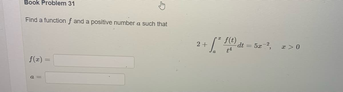 Book Problem 31
Find a function f and a positive number a such that
f(x):
a =
=
2+
f(t) dt = 5x¯²,
- [² ft
+4
z>0