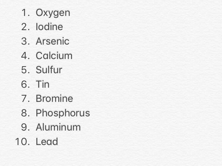 1. Oxygen
2. lodine
3. Arsenic
4. Calcium
5. Sulfur
6. Tin
7. Bromine
8. Phosphorus
9. Aluminum
10. Lead
