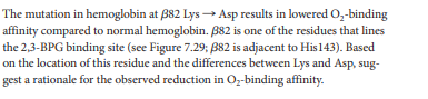 The mutation in hemoglobin at B82 Lys → Asp results in lowered O,-binding
affinity compared to normal hemoglobin. B82 is one of the residues that lines
the 2,3-BPG binding site (see Figure 7.29; B82 is adjacent to His143). Based
on the location of this residue and the differences between Lys and Asp, sug-
gest a rationale for the observed reduction in Oz-binding affinity.
