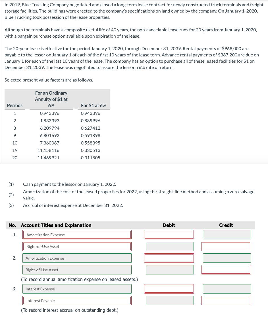 In 2019, Blue Trucking Company negotiated and closed a long-term lease contract for newly constructed truck terminals and freight
storage facilities. The buildings were erected to the company's specifications on land owned by the company. On January 1, 2020,
Blue Trucking took possession of the lease properties.
Although the terminals have a composite useful life of 40 years, the non-cancelable lease runs for 20 years from January 1, 202o,
with a bargain purchase option available upon expiration of the lease.
The 20-year lease is effective for the period January 1, 2020, through December 31, 2039. Rental payments of $968,000 are
payable to the lessor on January 1 of each of the first 10 years of the lease term. Advance rental payments of $387,200 are due on
January 1 for each of the last 10 years of the lease. The company has an option to purchase all of these leased facilities for $1 on
December 31, 2039. The lease was negotiated to assure the lessor a 6% rate of return.
Selected present value factors are as follows.
For an Ordinary
Annuity of $1 at
Periods
6%
For $1 at 6%
1
0.943396
0.943396
2
1.833393
0.889996
8
6.209794
0.627412
9
6.801692
0.591898
10
7.360087
0.558395
19
11.158116
0.330513
20
11.469921
0.311805
(1)
Cash payment to the lessor on January 1, 2022.
Amortization of the cost of the leased properties for 2022, using the straight-line method and assuming a zero salvage
(2)
value,
(3)
Accrual of interest expense at December 31, 2022.
No. Account Titles and Explanation
Debit
Credit
1.
Amortization Expense
Right-of-Use Asset
2.
Amortization Expense
Right-of-Use Asset
(To record annual amortization expense on leased assets.)
3.
Interest Expense
Interest Payable
(To record interest accrual on outstanding debt.)
