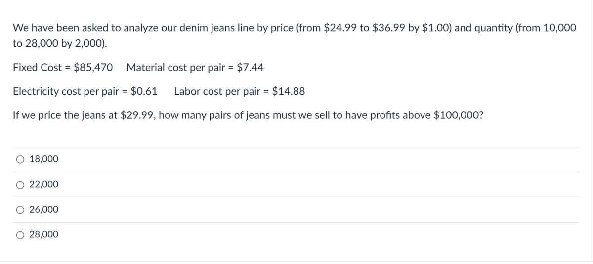 We have been asked to analyze our denim jeans line by price (from $24.99 to $36.99 by $1.00) and quantity (from 10,000
to 28,000 by 2,000).
Fixed Cost = $85,470
Material cost per pair = $7.44
Electricity cost per pair = $0.61 Labor cost per pair = $14.88
If we price the jeans at $29.99, how many pairs of jeans must we sell to have profits above $100,000?
18,000
22,000
26,000
28,000
