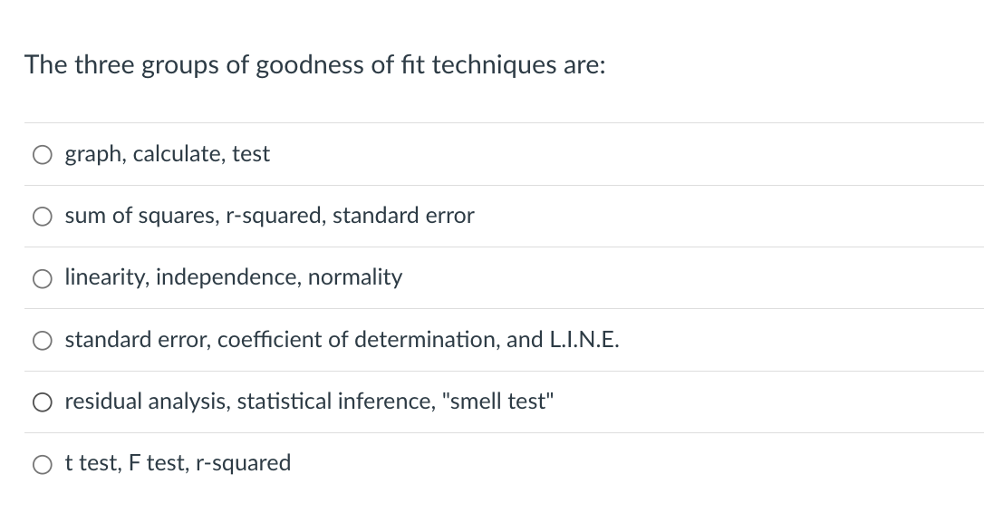The three groups of goodness of fit techniques are:
graph, calculate, test
sum of squares, r-squared, standard error
linearity, independence, normality
standard error, coefficient of determination, and L.I.N.E.
residual analysis, statistical inference, "smell test"
t test, F test, r-squared