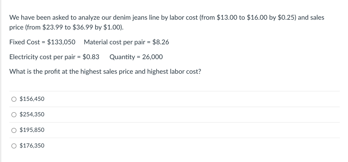 We have been asked to analyze our denim jeans line by labor cost (from $13.00 to $16.00 by $0.25) and sales
price (from $23.99 to $36.99 by $1.00).
Fixed Cost = $133,050 Material cost per pair = $8.26
Electricity cost per pair = $0.83 Quantity = 26,000
What is the profit at the highest sales price and highest labor cost?
$156,450
$254,350
$195,850
O $176,350