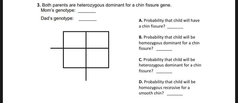 3. Both parents are heterozygous dominant for a chin fissure gene
Mom's genotype
Dad's genotype:
A. Probability that child will have
a chin fissure?
B. Probability that child will be
homozygous dominant for a chin
fissure?
C. Probability that child will be
heterozygous dominant for a chin
fissure?
D. Probability that child will be
homozygous recessive for a
smooth chin?
