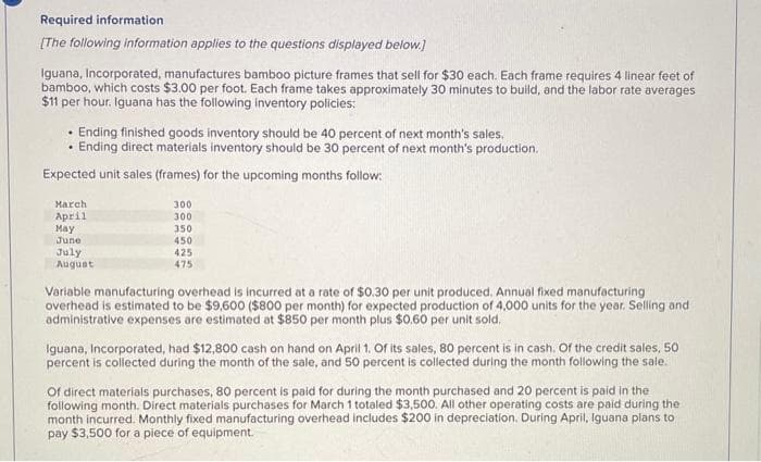 Required information
[The following information applies to the questions displayed below.]
Iguana, Incorporated, manufactures bamboo picture frames that sell for $30 each. Each frame requires 4 linear feet of
bamboo, which costs $3.00 per foot. Each frame takes approximately 30 minutes to build, and the labor rate averages
$11 per hour. Iguana has the following inventory policies:
• Ending finished goods inventory should be 40 percent of next month's sales.
• Ending direct materials inventory should be 30 percent of next month's production.
Expected unit sales (frames) for the upcoming months follow:
March
April
May
June
July
August
300
300
350
450
425
475
Variable manufacturing overhead is incurred at a rate of $0.30 per unit produced, Annual fixed manufacturing
overhead is estimated to be $9,600 ($800 per month) for expected production of 4,000 units for the year. Selling and
administrative expenses are estimated at $850 per month plus $0.60 per unit sold.
Iguana, Incorporated, had $12,800 cash on hand on April 1. Of its sales, 80 percent is in cash. Of the credit sales, 50
percent is collected during the month of the sale, and 50 percent is collected during the month following the sale.
Of direct materials purchases, 80 percent is paid for during the month purchased and 20 percent is paid in the
following month. Direct materials purchases for March 1 totaled $3,500. All other operating costs are paid during the
month incurred. Monthly fixed manufacturing overhead includes $200 in depreciation. During April, Iguana plans to
pay $3,500 for a piece of equipment.