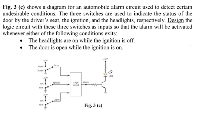 Fig. 3 (c) shows a diagram for an automobile alarm circuit used to detect certain
undesirable conditions. The three switches are used to indicate the status of the
door by the driver's seat, the ignition, and the headlights, respectively. Design the
logic circuit with these three switches as inputs so that the alarm will be activated
whenever either of the following conditions exits:
The headlights are on while the ignition is off.
The door is open while the ignition is on.
Door
Open
Closed
Alarm
Ignition
Logie
cirouit
OFF
+5 V
Lights
Fig. 3 (c)
OFF
