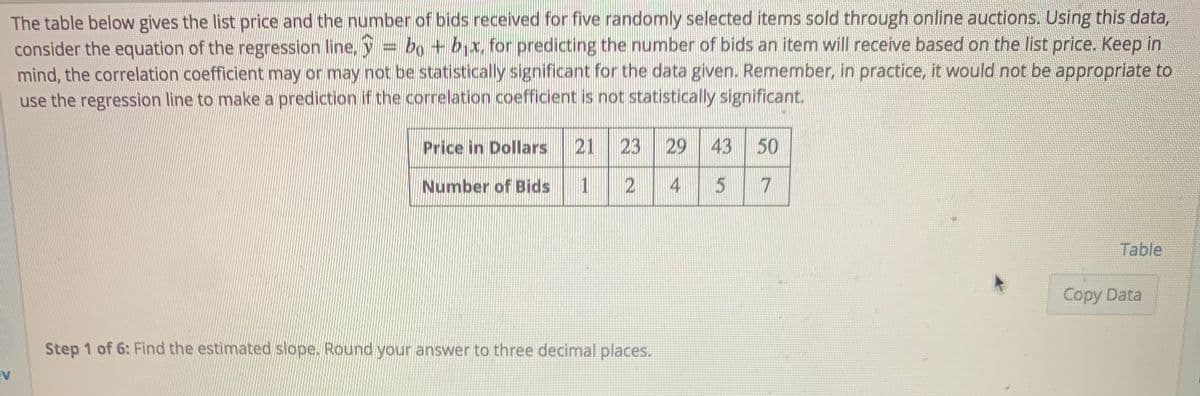 The table below gives the list price and the number of bids received for five randomly selected items sold through online auctions. Using this data,
consider the equation of the regression line, y = bo + bx, for predicting the number of bids an item will receive based on the list price. Keep in
mind, the correlation coefficient may or may not be statistically significant for the data given. Remember, in practice, it would not be appropriate to
use the regression line to make a prediction if the correlation coefficient is not statistically significant.
Price in Dollars
21
23
29
43
50
Number of Bids
1
4
7
Table
Copy Data
Step 1 of 6: Find the estimated slope. Round your answer to three decimal places.
ev
