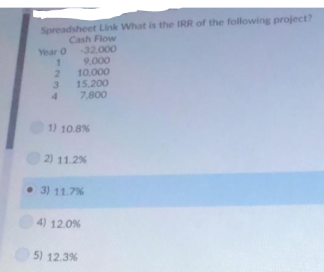 Spreadsheet Link What is the IRR of the following project?
Cash Flow
Year 0 32.000
9,000
1.
2 10,000
15,200
7,800
4.
1) 10.8%
2) 11.2%
• 3) 11.7%
4) 12.0%
5) 12.3%
234
