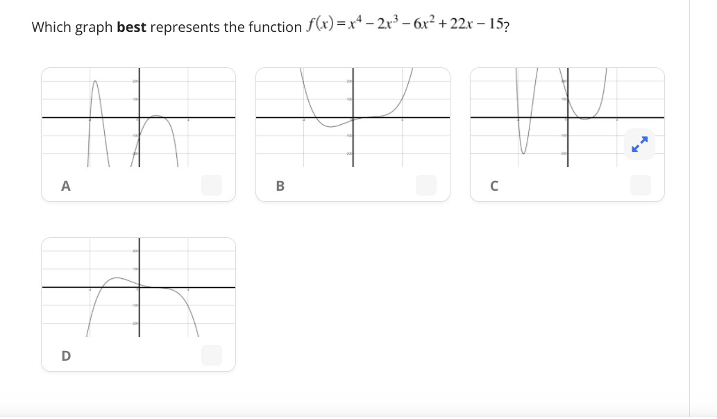 Which graph best represents the function f(x) =x* – 2x³ – 6x² + 22x – 157
A
B
C
