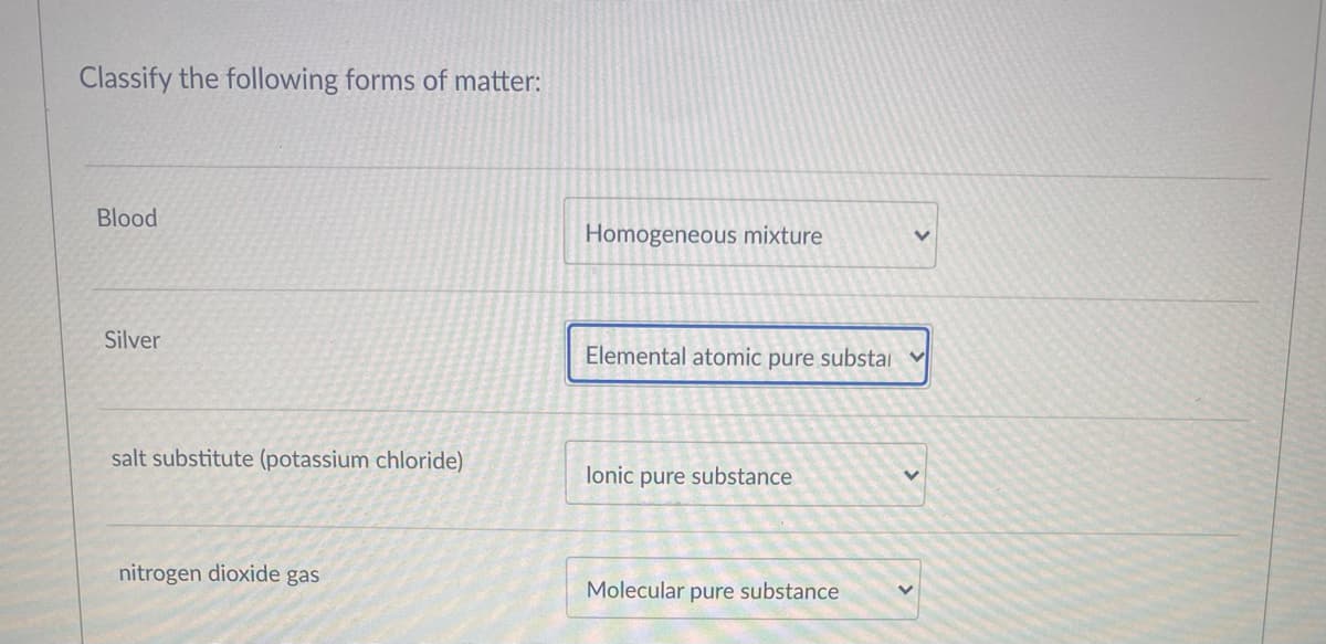 Classify the following forms of matter:
Blood
Homogeneous mixture
Silver
Elemental atomic pure substai
salt substitute (potassium chloride)
lonic pure substance
nitrogen dioxide gas
Molecular pure substance
