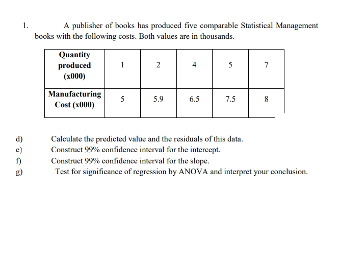 1.
A publisher of books has produced five comparable Statistical Management
books with the following costs. Both values are in thousands.
Quantity
produced
(x000)
1
2
4
5
7
Manufacturing
Cost (x000)
5.9
6.5
7.5
8
d)
e)
Calculate the predicted value and the residuals of this data.
Construct 99% confidence interval for the intercept.
Construct 99% confidence interval for the slope.
Test for significance of regression by ANOVA and interpret your conclusion.
f)
g)
