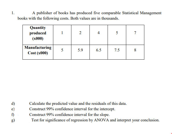 1.
A publisher of books has produced five comparable Statistical Management
books with the following costs. Both values are in thousands.
Quantity
produced
(x000)
1
2
4
5
7
Manufacturing
Cost (x000)
5.9
6.5
7.5
8
d)
Calculate the predicted value and the residuals of this data.
Construct 99% confidence interval for the intercept.
Construct 99% confidence interval for the slope.
Test for significance of regression by ANOVA and interpret your conclusion.
g)
