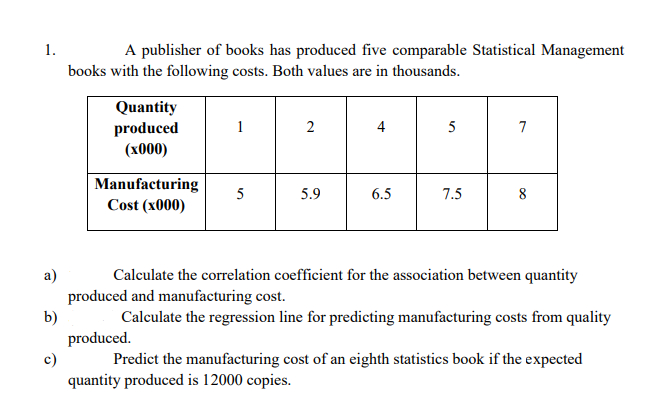 1.
A publisher of books has produced five comparable Statistical Management
books with the following costs. Both values are in thousands.
Quantity
produced
(x000)
1
2
4
5
7
Manufacturing
Cost (x000)
5.9
6.5
7.5
8
a)
Calculate the correlation coefficient for the association between quantity
produced and manufacturing cost.
b)
produced.
c)
quantity produced is 12000 copies.
Calculate the regression line for predicting manufacturing costs from quality
Predict the manufacturing cost of an eighth statistics book if the expected
