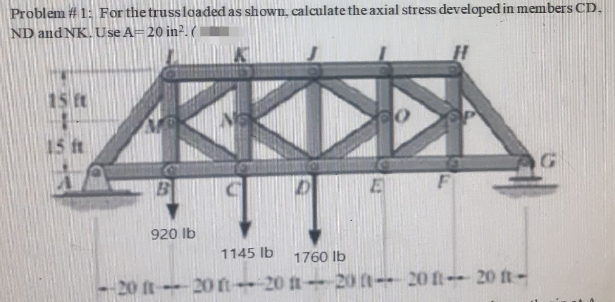 Problem # 1: For the trussloaded as shown, calculate the axial stress developed in members CD,
ND and NK.Use A=20in2. (
15 t
15 ft
111
920 lb
1145 lb
1760 lb
-20 it20 n 20 t20n-201-20 t-
