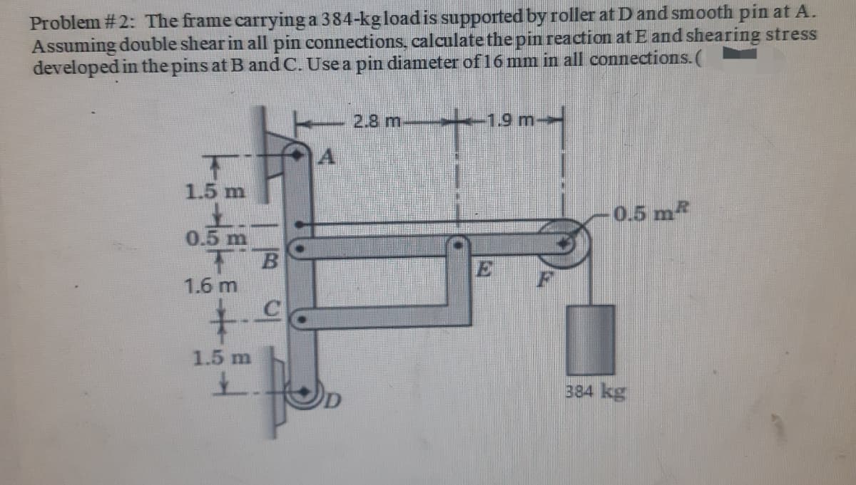 Problem # 2: The frame carrying a 384-kg load is supported by roller at D and smooth pin at A.
Assuming double shear in all pin connections, calculate the pin reaction at E and shearing stress
developed in the pins at B andC. Use a pin diameter of 16 mm in all connections.(
2.8 m-
t19 m-
A
下
1.5 m
0.5 m
0.5 m
T B
1.6 m
1.5 m
384 kg

