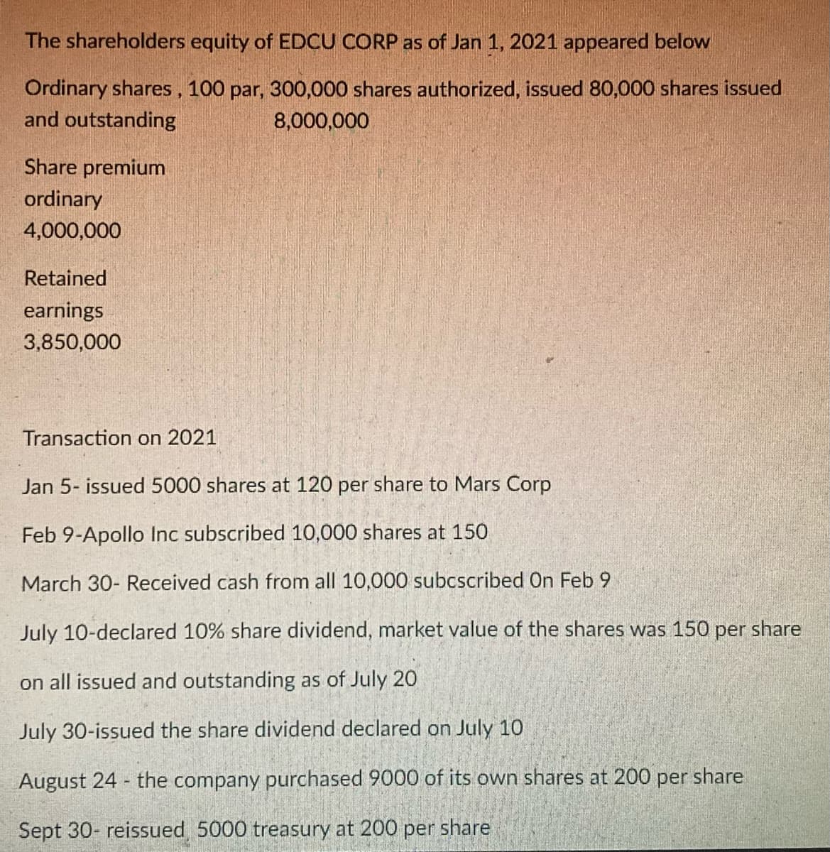 The shareholders equity of EDCU CORP as of Jan 1, 2021 appeared below
Ordinary shares, 100 par, 300,000 shares authorized, issued 80,000 shares issued
and outstanding
8,000,000
Share premium
ordinary
4,000,000
Retained
earnings
3,850,000
Transaction on 2021
Jan 5- issued 5000 shares at 120 per share to Mars Corp
Feb 9-Apollo Inc subscribed 10,000 shares at 150
March 30- Received cash from all 10,000 subcscribed On Feb 9
July 10-declared 10% share dividend, market value of the shares was 150 per share
on all issued and outstanding as of July 20
July 30-issued the share dividend declared on July 10
August 24 the company purchased 9000 of its own shares at 200 per share
1.
Sept 30- reissued 5000 treasury at 200 per share

