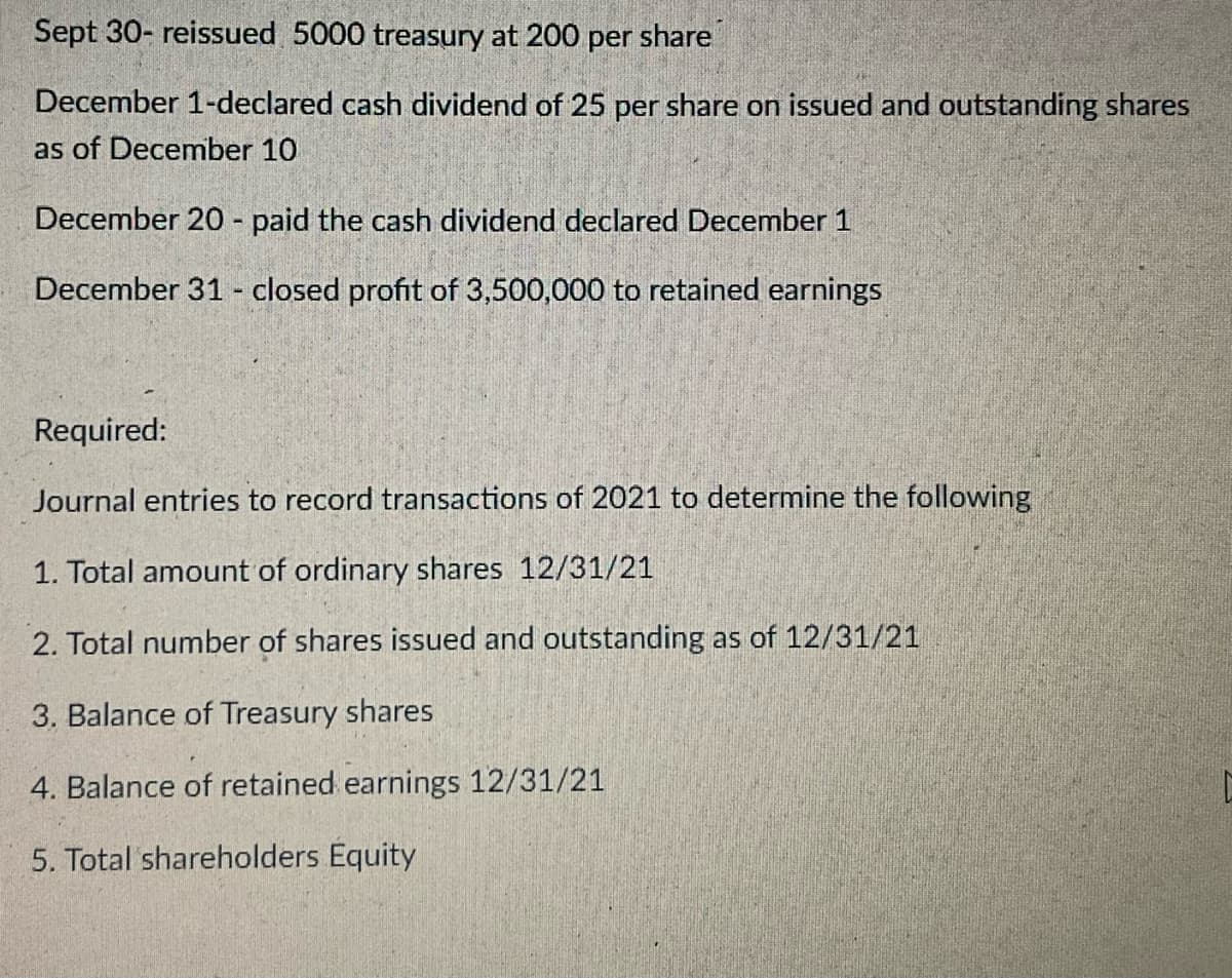 Sept 30- reissued 5000 treasury at 200 per share
December 1-declared cash dividend of 25 per share on issued and outstanding shares
as of December 10
December 20 - paid the cash dividend declared December 1
December 31 - closed profit of 3,500,000 to retained earnings
Required:
Journal entries to record transactions of 2021 to determine the following
1. Total amount of ordinary shares 12/31/21
2. Total number of shares issued and outstanding as of 12/31/21
3. Balance of Treasury shares
4. Balance of retained earnings 12/31/21
5. Total shareholders Equity
